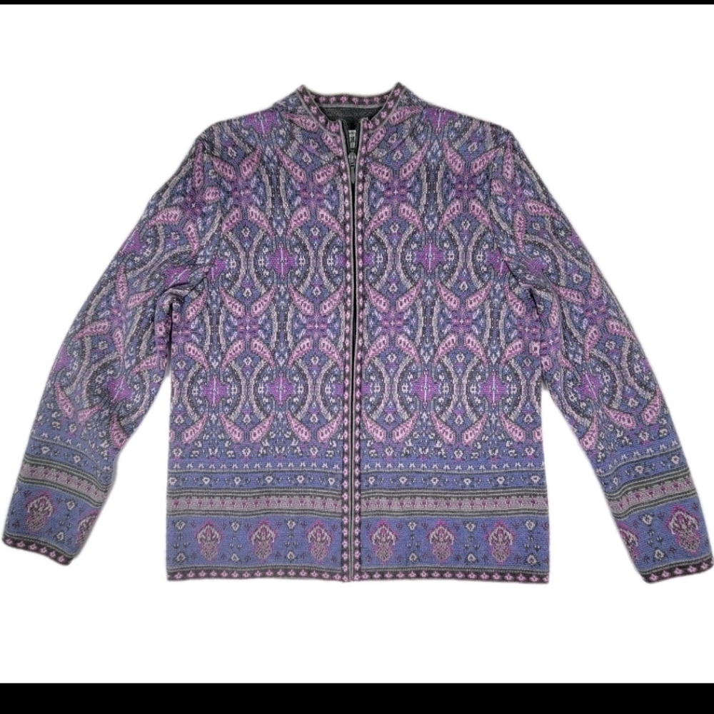 Pendleton 100% Merino Wool Full Zip Front Sweater Sz Small Geometric Purple Cozy